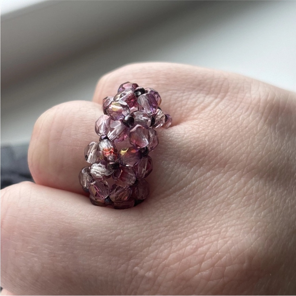 Real Gemstone Beaded Flower Ring Size 5.5 Handmade Topaz Aurora Borealis